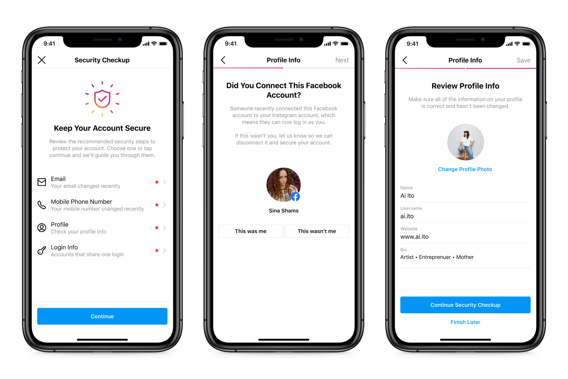 Screenshots of Instagram Security Checkup